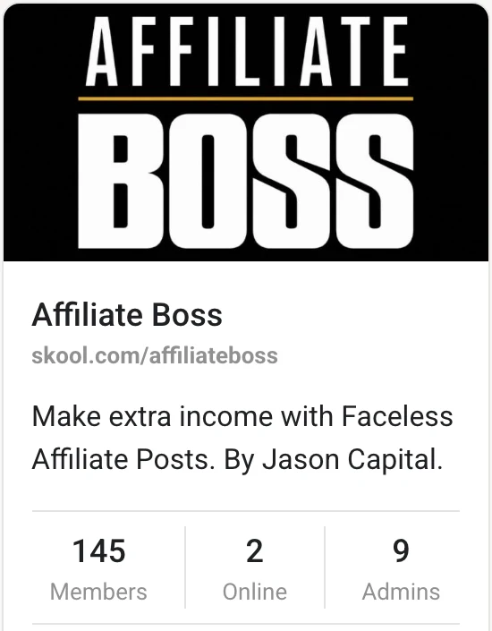 The Affiliate Boss Skool group page: 145 members, 2 online, 9 admins