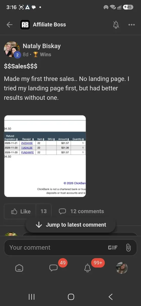 Affiliate Boss member post from Skool