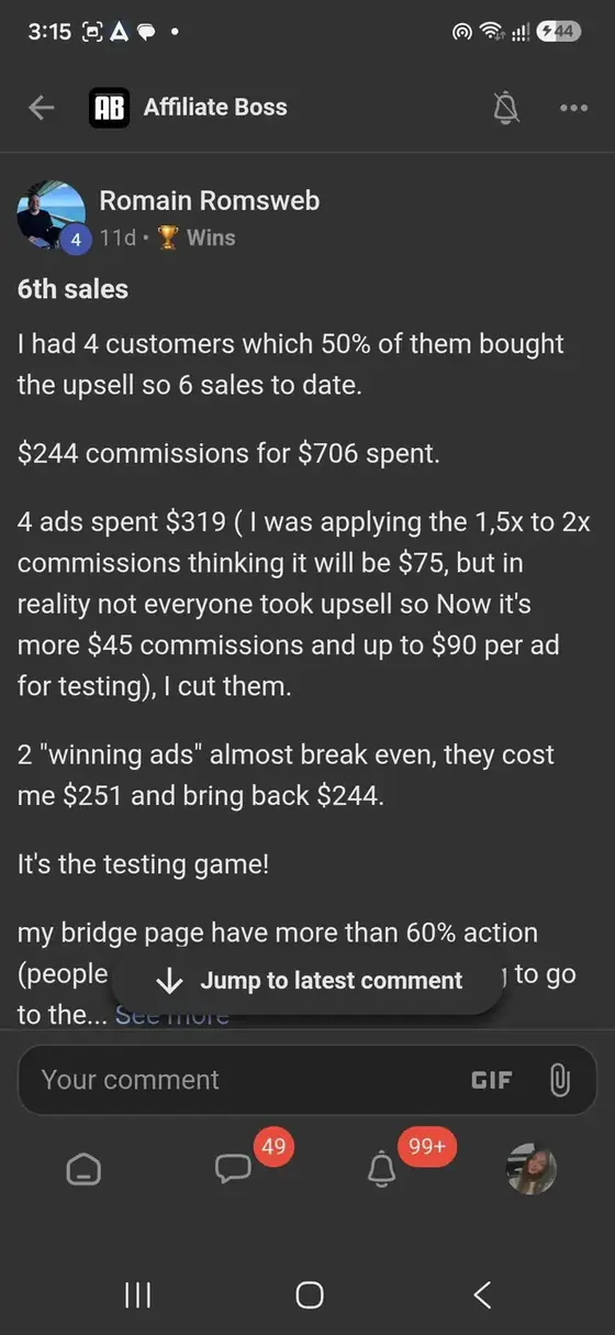 Affiliate Boss member post from Skool
