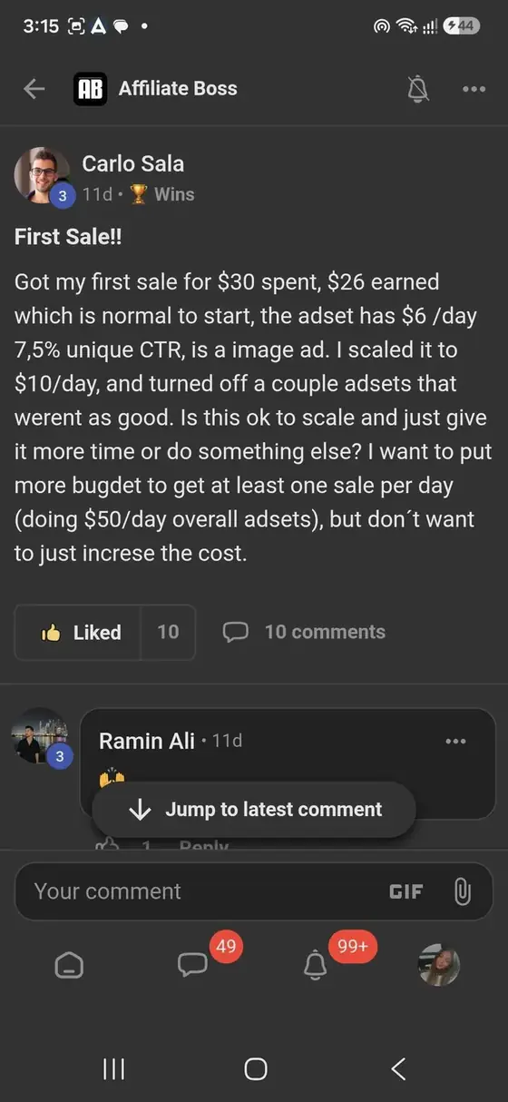 Affiliate Boss member post from Skool