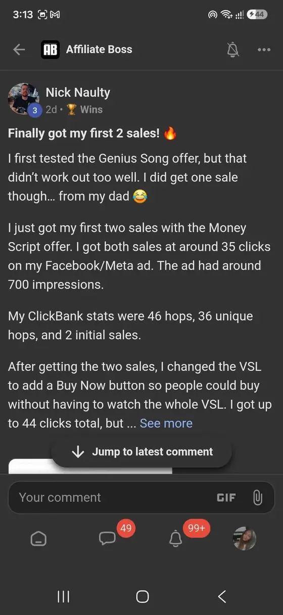 Affiliate Boss member post from Skool