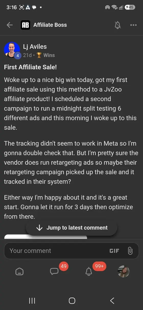 Affiliate Boss member post from Skool