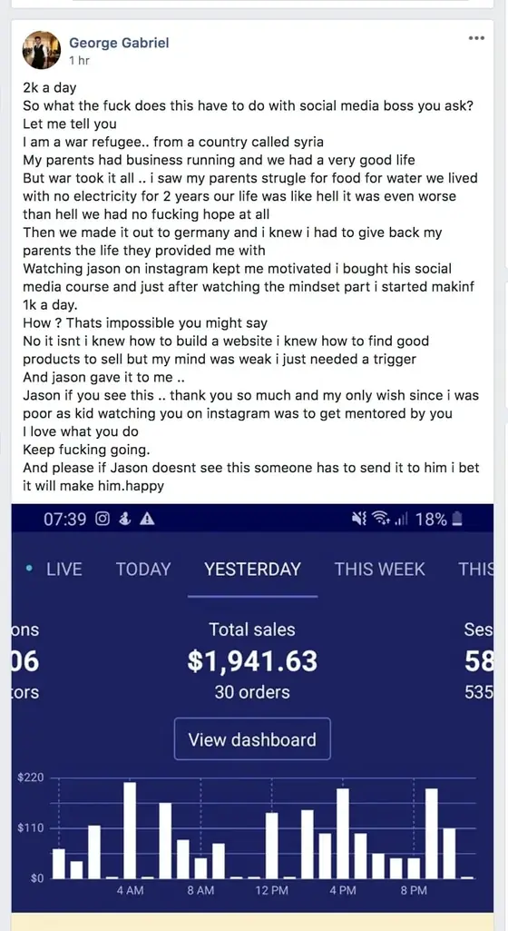 Post from a past student of an earlier Jason Capital program