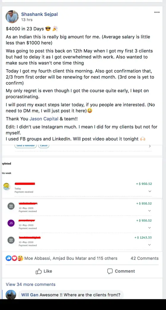 Post from a past student of an earlier Jason Capital program