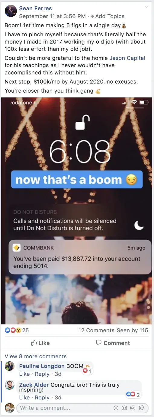 Post from a past student of an earlier Jason Capital program