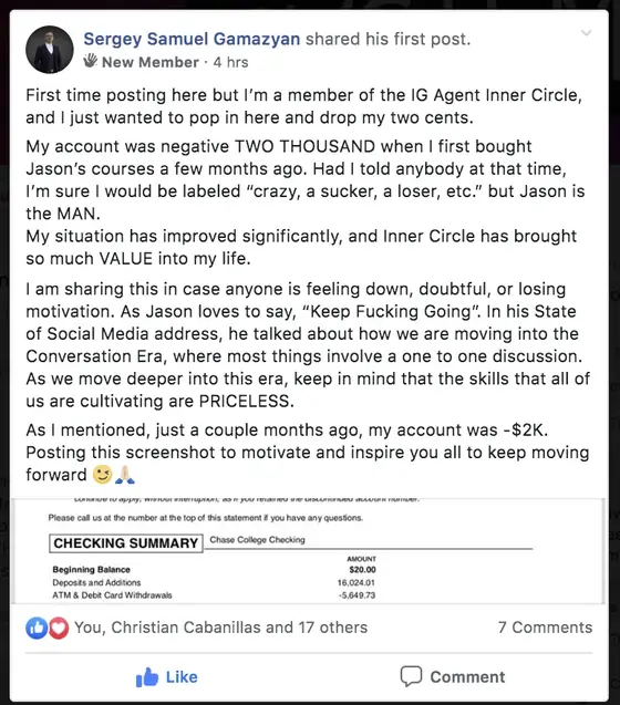 Post from a past student of an earlier Jason Capital program