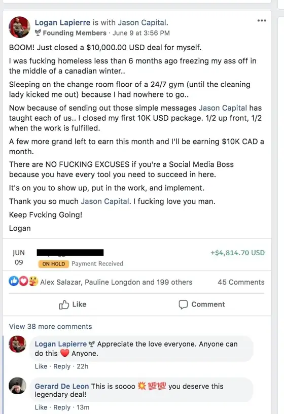 Post from a past student of an earlier Jason Capital program