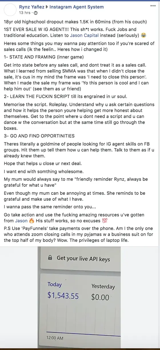 Post from a past student of an earlier Jason Capital program