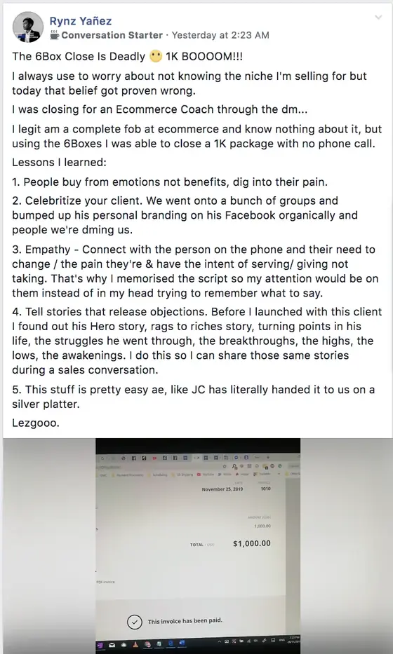 Post from a past student of an earlier Jason Capital program