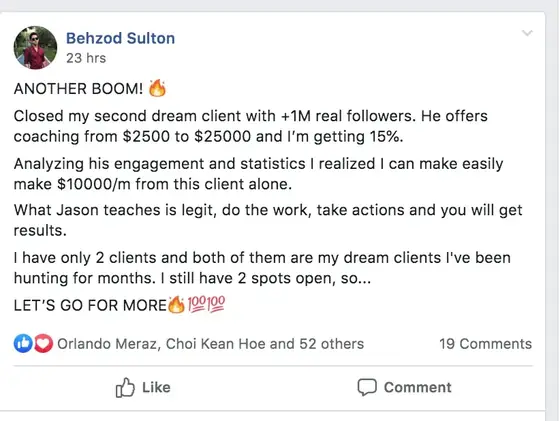 Post from a past student of an earlier Jason Capital program
