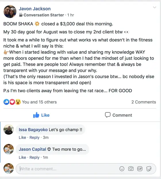 Post from a past student of an earlier Jason Capital program