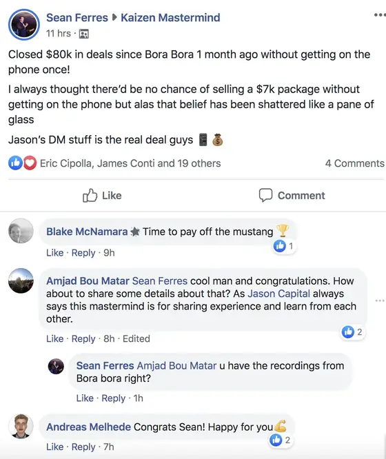 Post from a past student of an earlier Jason Capital program