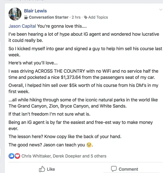 Post from a past student of an earlier Jason Capital program