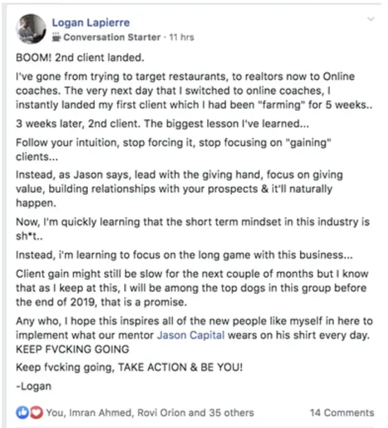 Post from a past student of an earlier Jason Capital program