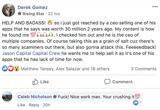 Post from a past student of an earlier Jason Capital program